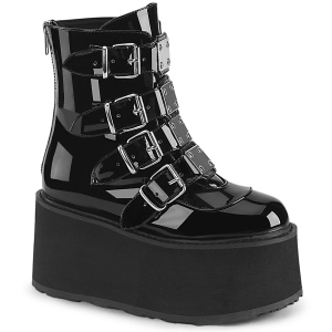 Fekete Lakkbőr 9 cm DAMNED-105 Bokacsizma Csatos