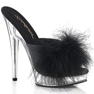 Műbőr 15 cm SULTRY-601F prém papucs magassarkú fekete
