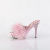 Műbőr 11,5 cm ELEGANT-401F prém papucs magassarkú rózsaszín